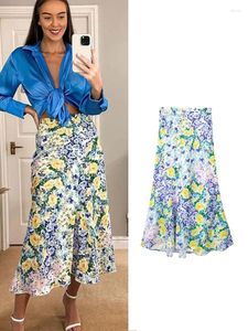 Skirts Women's Floral Printed Midi Skirt 2023 Summer Female High Waist Chic A-line Dress Vintage Beach Style Mid-Calf