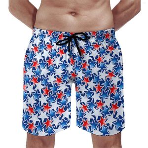 Pantaloncini da uomo con stampa di stelle, pantaloni da spiaggia da uomo alla moda, costume da bagno oversize rosso bianco e blu di qualità