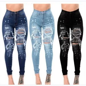 Designer Denim Pants Women Ripped Jeans Plus size 3XL Fall Winter Bodycon Pants Fashion Washed Holes Blue Long Trousers Bulk Wholesale Clothes 10124