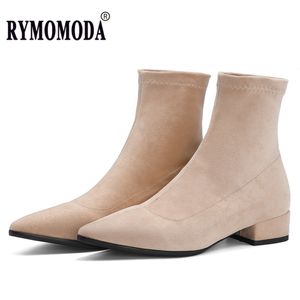 Boots Woman Sock Ankle Spring Autumn Point Toe Low Heel Elastic Flock Black Covene Booties Lady Shoes Big Size 42 43 230909
