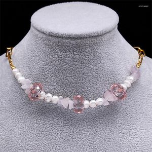 Pendanthalsband Boho Sweet Pink Crystal Barock Pearl Necklace för kvinnor Rostfritt stål Handemat Creative Fashion Smyckesgåva N5100