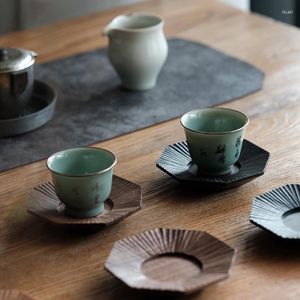 Maty stołowe deszczowe drewno | Regularny ośmiokątny japoński styl czarny orzech duży lakier ręcznie rzeźbiony kubek Zestaw herbaty solidny