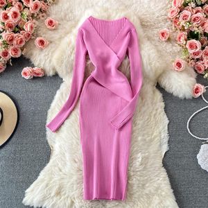 2021 Autumn new design women's sexy v-neck cross knitted long sleeve solid color bodycon tunic midi long pencil dress272O