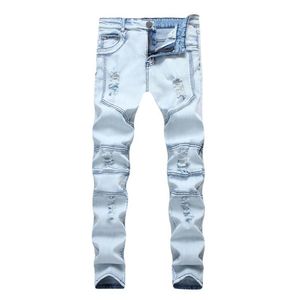 Casual Fit Hommes Cowboys Trousers Fashion Male Wash Ripped Holes Light Blue Feet Slim Stretch Jeans Male Spliced Denim Pants338l