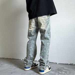 Estilo americano rasgado jeans masculino lavado e feito velho caju flor high street verão fino calças casuais retas