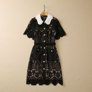2023 Black Belted Floral Lace Dress Short Sleeve Peter Pan Neck Contrast Color Double Pockets Short Casual Dresses S3W130511
