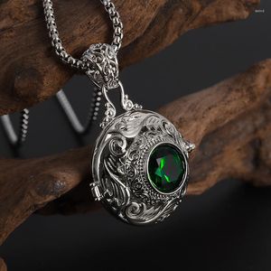 Collane con ciondolo Elegante misteriosa eternità intarsiata in rattan Collana di cristallo verde Scatola con ritaglio a mano incisa vintage Regalo di gioielli in argento Fo