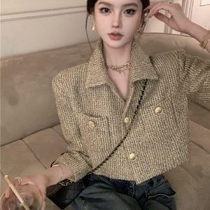 Women's Jackets HsaTweed Jacket Fashion Small Fragrance Gold Double Breasted Woolen Short Coat Elegant OL Outwear Tops