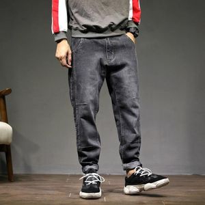 Mäns jeans herrar harem byxor mode fickor desinger lös passform baggy moto män sträcka retro streetwear avslappnad avsmalnande 42263m