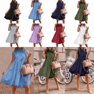 Vestidos casuais mulheres verão sem mangas plissado pescoço curto mini vestido em camadas flowy swing presente de cor sólida