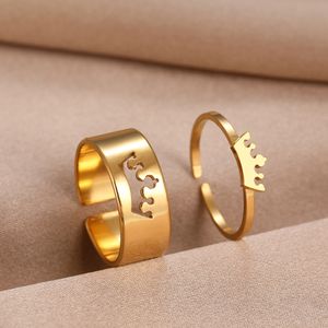 Anéis de casamento anéis de aço inoxidável clássico coroa moda anel de casal ajustável para mulheres jóias amante de casamento menina presente de noivado 2pcsset 230909