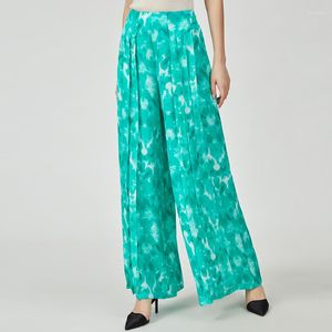 Women's Pants Spring Jacquard Green Branches And Leaves Natural Waist Folds Invisible Insert Pocket Wide-Leg Woman KE578