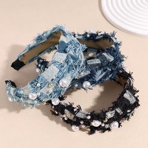 New Fashion Denim Headband For Adult Wide Side Pearls Turban Center Knot Headwear Casual Hair Accessories