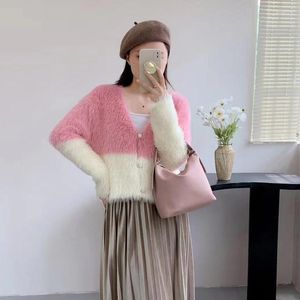 Women's Knits Korejepo Plush Coat 2023 Autumn Winter Pink White Color Matching Fashion Top Gentle Short Fit Slim Cardigan