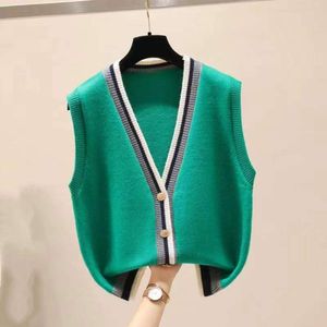 Vintage V Neck Sticked Cardigan Vest för kvinnor på våren och hösten Lös ärmlös tröja