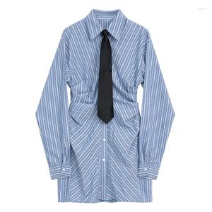 Sukienki swobodne Superaen Koreańska sukienka modowa damska 2023 Autumn Loose Office Dani Design Striped Shirt