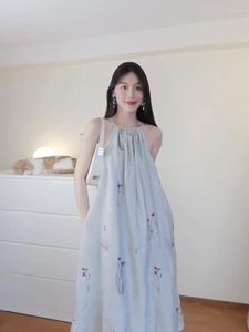 Women's T Shirts Chinese Gentle Embroidered Fairy Dress With Romantic Style Royal Sister Blue Neck Hanging