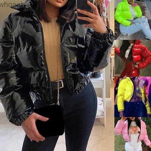 Men's Down Parkas Women Winter Long Sleeve Zipper Puffer Down Jacket Stand Collar Shiny Metallic Faux Leather Cropped Puffy Bubble Coat Quilt HKD230911