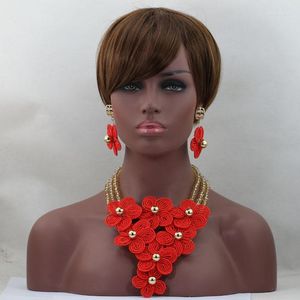 Necklace Earrings Set Est African High Quality Costume Jewellery Sets Gold Nigerian Wedding Crystal Beads Jewelry Red Flowers Handmade