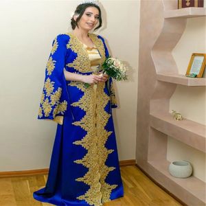 Königsblaues Abaya-Kaftankleid mit goldenen Spitzenapplikationen, A-Linie, türkisches Vestidos de Novia, langärmeliges marokkanisches muslimisches Abendkleid 326 326