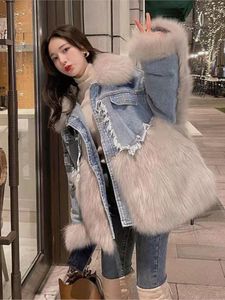 Pele feminina falso costura borla forro removível parkas 2023 inverno coreano harajuku assimétrico denim y2k streetwear grosso casaco quente
