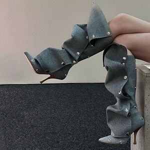 Metal Rivets Loose Pleated Upper Shoes Thin High Heels Pointed Toe Denim Long Boots Women's Wide Fit Knee High Booties Size 35-44