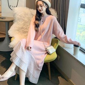 Casual Dresses 2023 Autumn Winter Fashion Patchwork Women's Loose Pullover spets stickad tröja botten lång