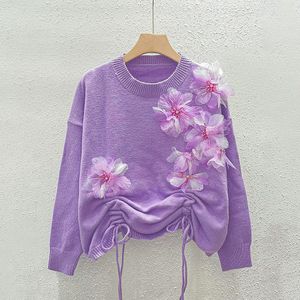 902 2023 Autumn Runway Sweater Pullover Long Sleeve Crew Neck Flora Print Purple White Fashion Women Women Clothes Yuecheng
