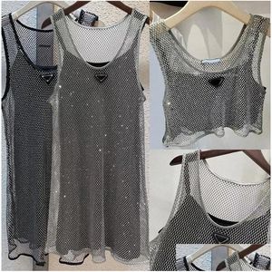 Basic Casual Dresses Sleeveless Womens Dress Hollowed Black Satin Sling Rhinestone Shiny Hollow Vest 2Pcs Set Denim Bra Tops Size Dhcri