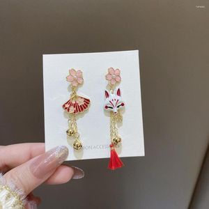 Stud Earrings Niche Design Fan Asymmetric Japanese Style Cherry Blossoms Cute Bell Pendant