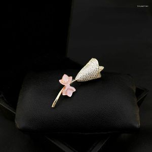 Brooches High-Grade Rare Pink Shell Flower Brooch Copper Micro Inlay Gold Plated Corsage Exquisite Women Sweater Coat Pin Gifts