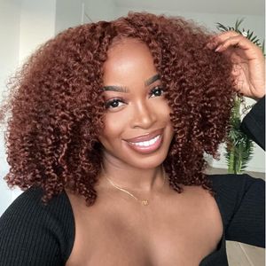 Abrun Kinky Kıvırcık Cheveux Humain Saç Peruk İnsan kırmızımsı Kahverengi Afro Kinky Kıvırcık Perulu Perulu Makine Yapılan Bang Wig İnsan Saç