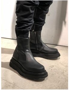 Trendy Height Increase Men's Winter Thick Heel Zip Mid-calf Platform Leather Boots Male Warm Fur Motorcycle Shoes For Boys Party Boots 38-44