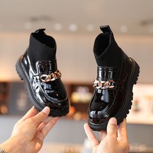 Boots Girls Leather Boots Metal Chains Flying Woven Stitching Princess Boots Kids Leather Soft Sole Boots Children Socks Boots Fashion 230911