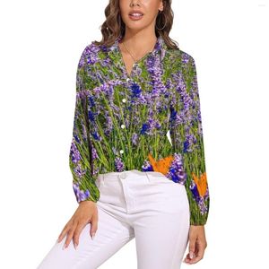 Damenblusen Lila Lavendel Lose Bluse Feld Natur Pflanze Streetwear Übergroße Langarm Hübsche Hemden Individuelle Tops