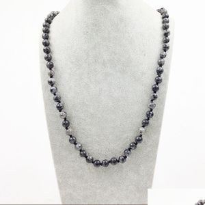 Beaded Necklaces St0291 Vintage Boho Jewelry Fashion Long Necklace 8Mm Black Labradorite Knotted 38 Length Women Stone Necka Dhgarden Dhwjp