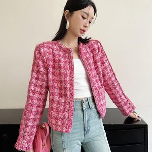 Jaquetas femininas de alta qualidade mulheres colheita tweed 2023 outono inverno em torno do pescoço rosa xadrez jaqueta senhoras casaco curto outwear roupas de luxo