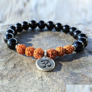 Bracciale Rudraksha con perline Sn1081 di agata nera di alta qualità, onice rustico, perline Yoga Mala, gioielli all'ingrosso, consegna di goccia B Dhgarden Dhnb7