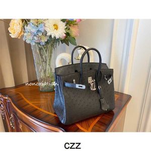 Platinum Bk Genuine Handbag Leather Ostrich Bags Sewn Wax Thread Home Bag 25 30 35 Original Skin Black Silver Buckle 177g