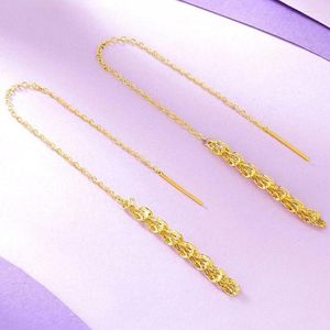 Orecchini pendenti Au750 in vero oro giallo 18 carati da 3,54 pollici con ciondolo a forma di piuma lunga O Link Drop