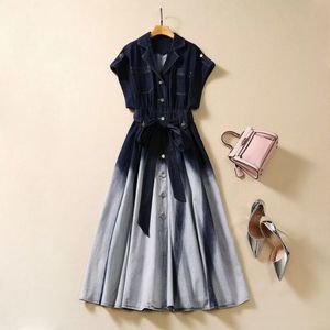 2023 Autumn Blue Gradient Color Belted Denim Dress Sleeveless Notched-Lapel Double Pockets Single-Breasted Casual Dresses S3G120809