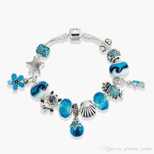 Fine jewelry Authentic 925 Sterling Silver Bead Fit Pandora Charm Bracelets Star Charms Bracelet Blue Murano Glass Safety Chain Pe240K