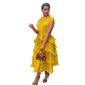 Casual Dresses Chiffon Crumpled Yellow Dress 2023 Fall High Stretch African Women's Clothing Pleated Wavy Collar Maxi kjol för Lady Vestido