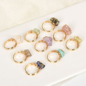 Gold Wire Wrap Natural Raw Stone Rings Irregular Lapis Lazuli Amethyst Rose Quartz Fluorite Adjustable Ring for Women Jewelry