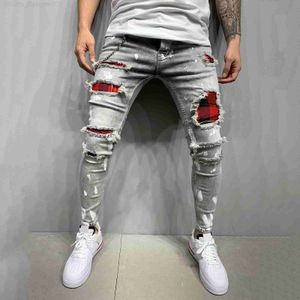 Men's Jeans Men's New Denim Straight Jeans Pocket Stitching Plaid Trousers Distressed Jeans Pants Men Casual Loose Undefined #P3 210318 L230911
