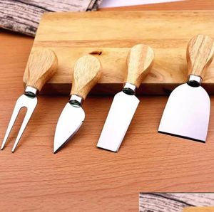 Yeni peynir aletleri 4pcs/set bıçak seti paslanmaz çelik ahşap tutamak tereyağı kesici aracı ev bahçe mutfak yemek bar toptan