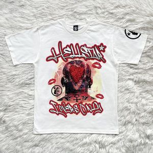 Hellstar Studios Aşağı Tee Portre Kalbi Ateş Erkekler Kadın Pamuk Kısa Kollu Tişörtler Unisex Pamuk Üstleri Erkekler Vintage T-Shirts Yaz Gevşek Tee Rock Smlxl