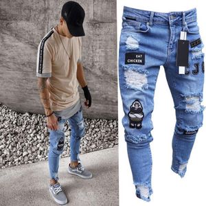 New Mens Skinny jeans Casual Biker Denim Ripped hiphop Ripped Pants Washed Patched Damaged Jean Slim Fit Streetwear2789