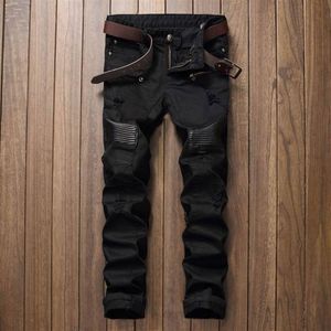 Calça jeans masculina de couro pu, de alta qualidade, design casual, jeans de motociclista, slim, reta, rasgada, biepa 8804256p