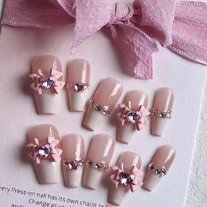 False Nails 10pcs Handmade Press On Medium Long Pink Bowknot French Romantic Acrylic Coffin Ballet Fake With Glue